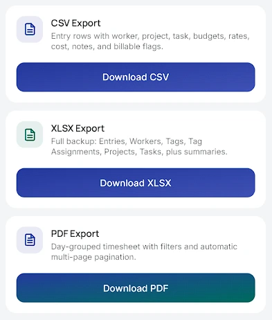 Reports screen with CSV, XLSX, and PDF download buttons.