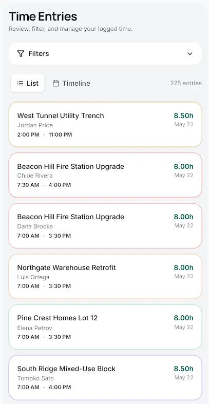 Time entries screen showing logged shifts, hours, and dates for the current review period.