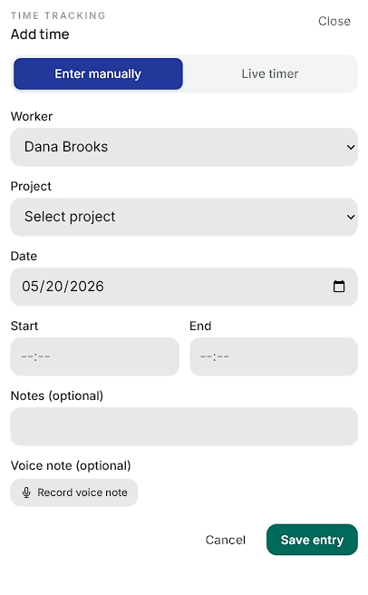 Add time form with worker, project, date, notes, and save controls.