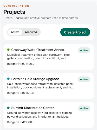 Projects screen showing active jobs, budgets, and project status.
